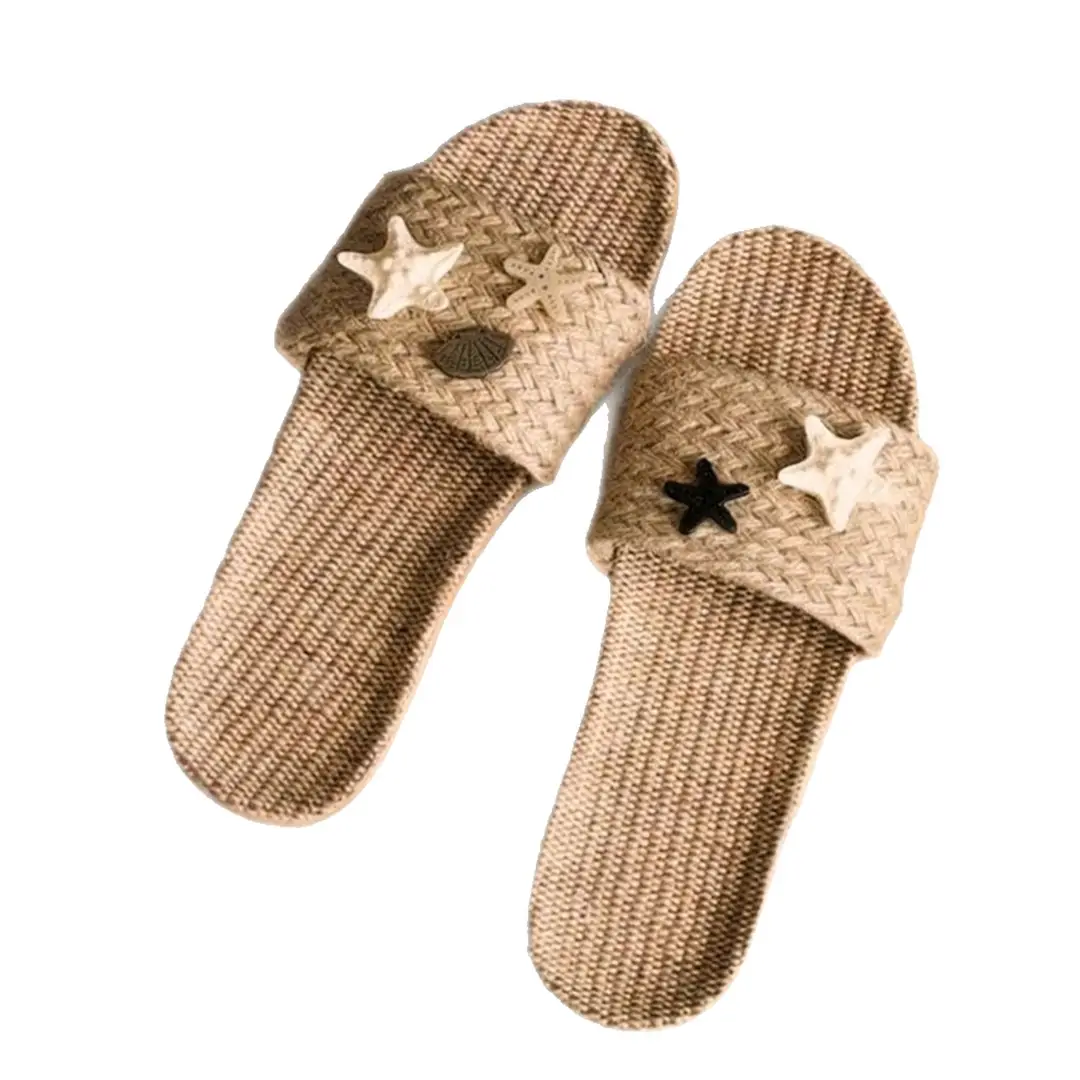 New Summer Linen Straw Woven Refreshing Slippers, Breathable Vacation Style Trendy High-End Foot Care Slippers, Beach Sandals