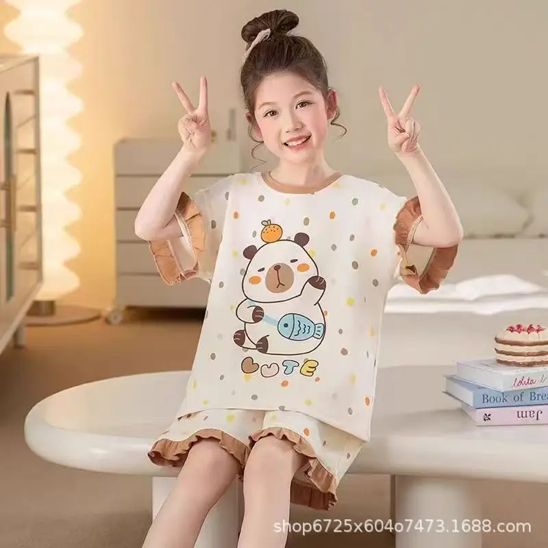 Children's Pajamas, Summer Style, Girls' Cartoon Short-Sleeved Suits, Cute Princess Style, Big Kidsren's Home Clothes, New Summer Style
