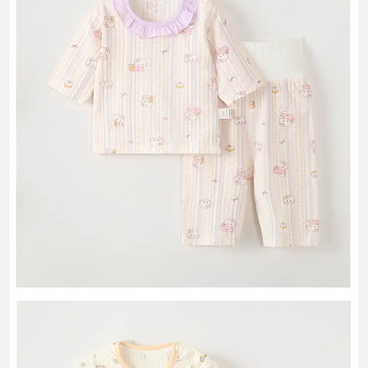 Baby Pajamas, Pure Cotton, Thin Style, Children's Home Wear, Summer Boys' and Girls' Three-Quarter Sleeve Air-Conditioning Clothing, High-Waisted Two-Piece Set — feature 13