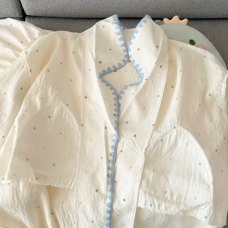 Large Size Pajamas with Breast Pads for Women, Spring and Summer, Lace, Fresh and Colorful, Small Polka Dots, Short-Sleeved Three-Piece Set, Ready for Cross-Border Shipping