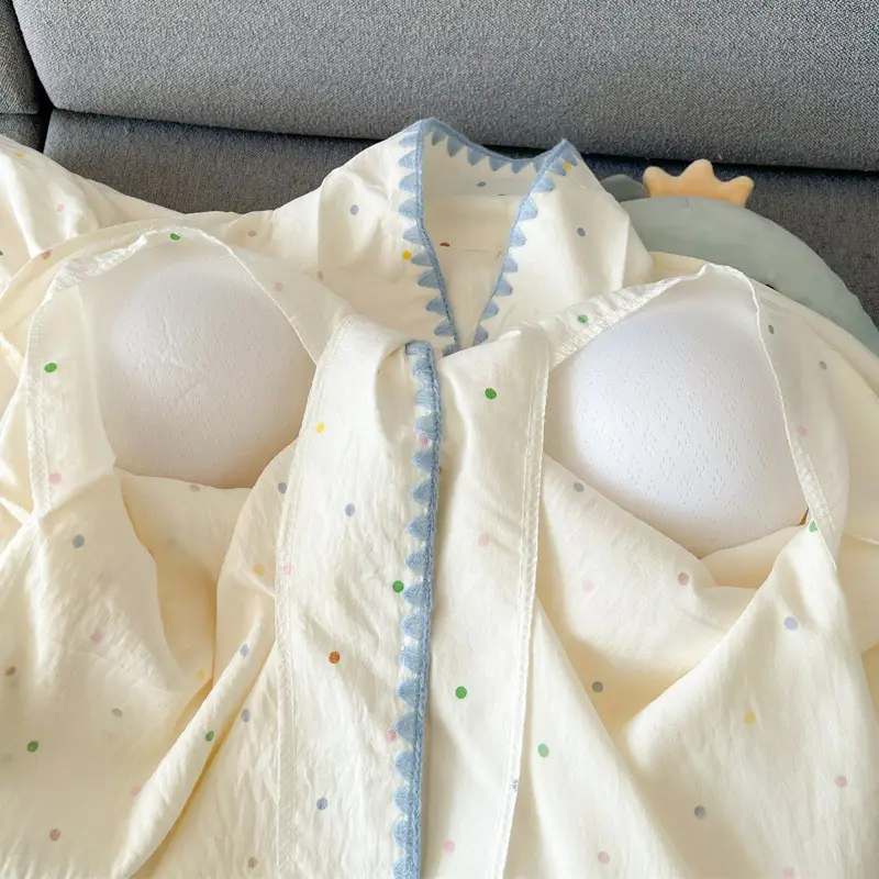 Large Size Pajamas with Breast Pads for Women, Spring and Summer, Lace, Fresh and Colorful, Small Polka Dots, Short-Sleeved Three-Piece Set, Ready for Cross-Border Shipping