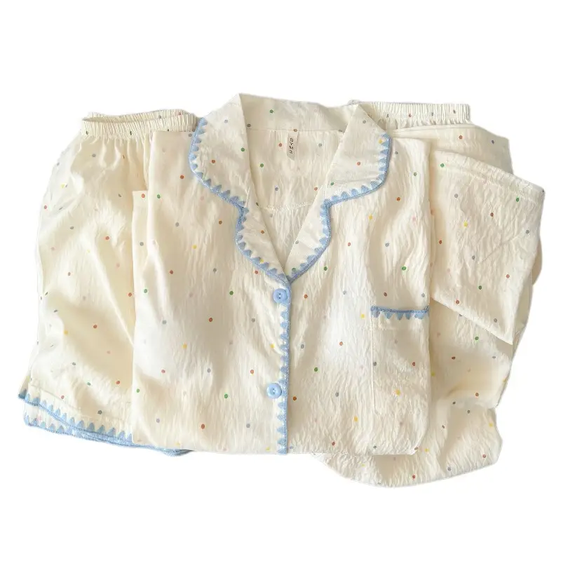 Large Size Pajamas with Breast Pads for Women, Spring and Summer, Lace, Fresh and Colorful, Small Polka Dots, Short-Sleeved Three-Piece Set, Ready for Cross-Border Shipping