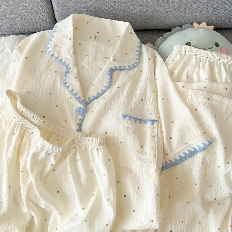 Large Size Pajamas with Breast Pads for Women, Spring and Summer, Lace, Fresh and Colorful, Small Polka Dots, Short-Sleeved Three-Piece Set, Ready for Cross-Border Shipping — feature 3