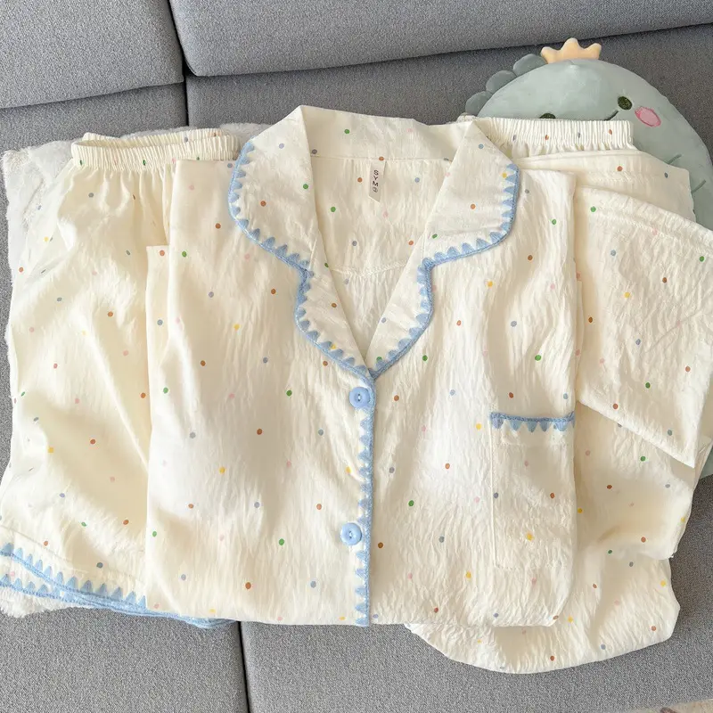 Large Size Pajamas with Breast Pads for Women, Spring and Summer, Lace, Fresh and Colorful, Small Polka Dots, Short-Sleeved Three-Piece Set, Ready for Cross-Border Shipping — feature 9