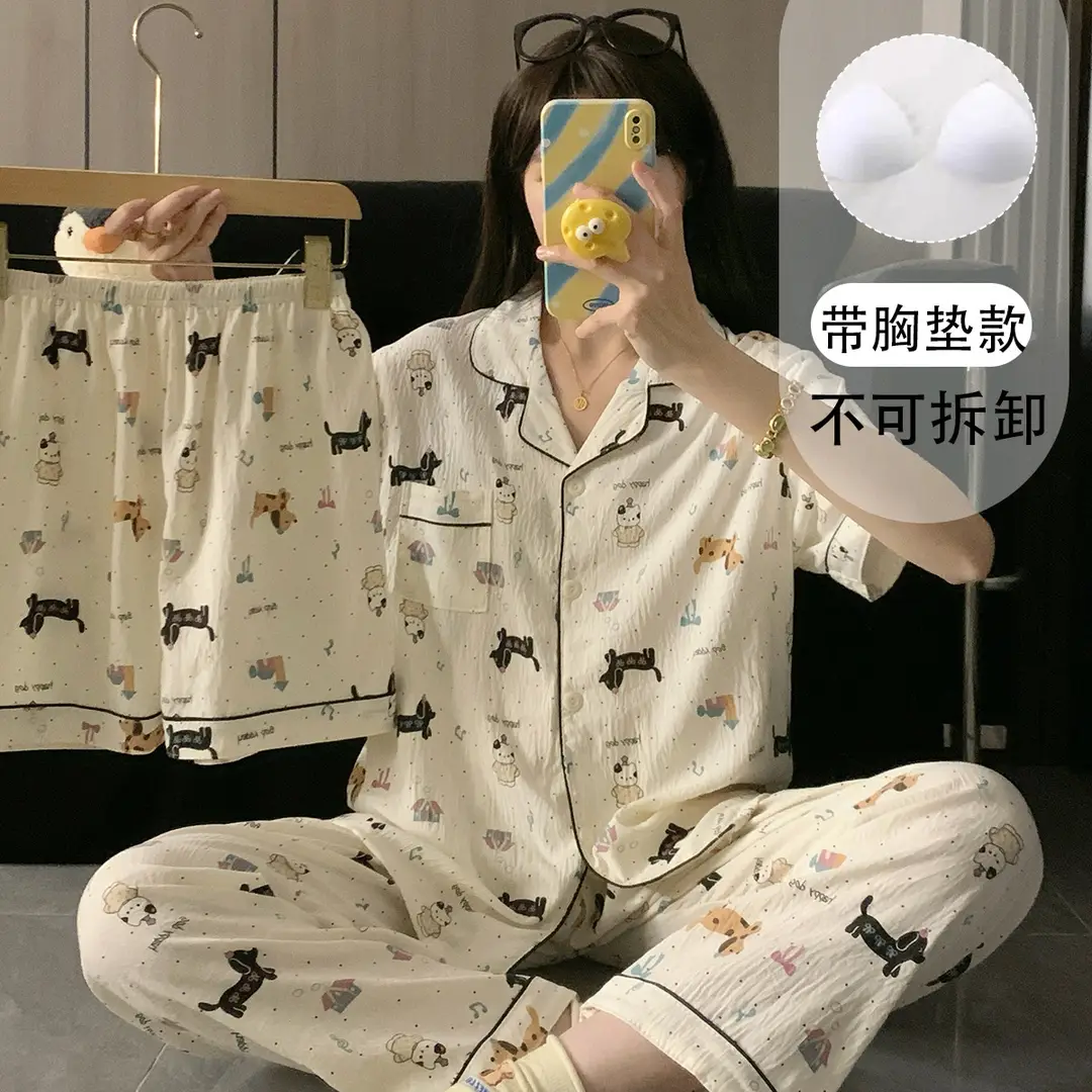 Large Size Pajamas with Breast Pads for Women, Spring and Summer, Lace, Fresh and Colorful, Small Polka Dots, Short-Sleeved Three-Piece Set, Ready for Cross-Border Shipping