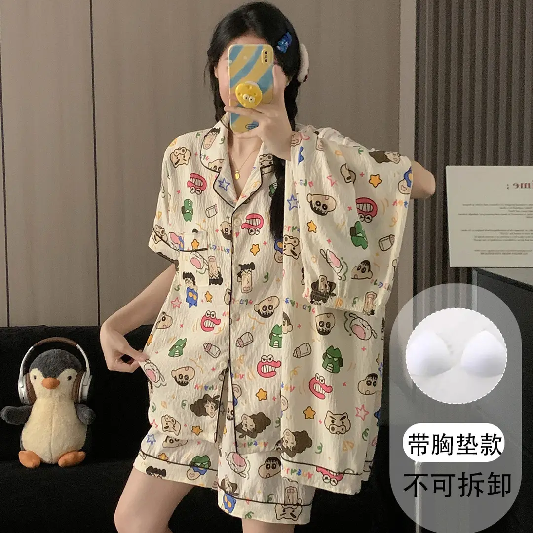 Large Size Pajamas with Breast Pads for Women, Spring and Summer, Lace, Fresh and Colorful, Small Polka Dots, Short-Sleeved Three-Piece Set, Ready for Cross-Border Shipping