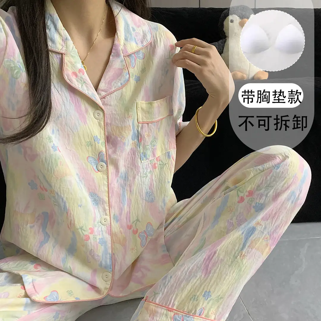 Large Size Pajamas with Breast Pads for Women, Spring and Summer, Lace, Fresh and Colorful, Small Polka Dots, Short-Sleeved Three-Piece Set, Ready for Cross-Border Shipping