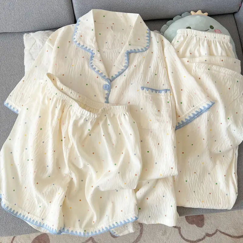 Large Size Pajamas with Breast Pads for Women, Spring and Summer, Lace, Fresh and Colorful, Small Polka Dots, Short-Sleeved Three-Piece Set, Ready for Cross-Border Shipping