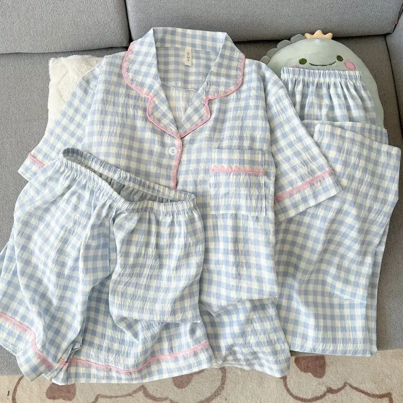 Large Size Pajamas with Breast Pads for Women, Spring and Summer, Lace, Fresh and Colorful, Small Polka Dots, Short-Sleeved Three-Piece Set, Ready for Cross-Border Shipping