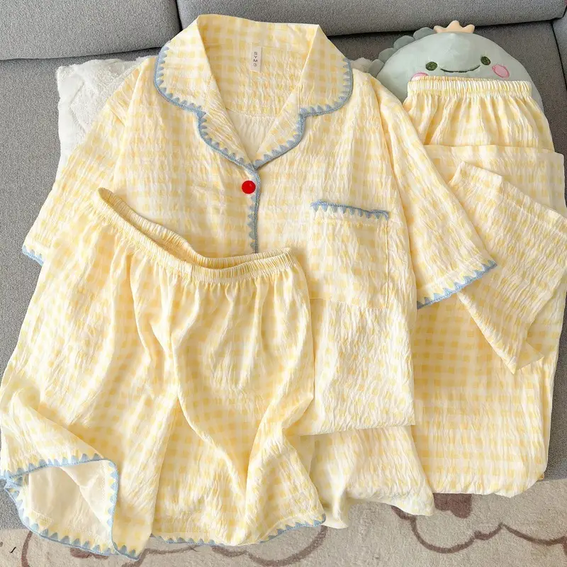 Large Size Pajamas with Breast Pads for Women, Spring and Summer, Lace, Fresh and Colorful, Small Polka Dots, Short-Sleeved Three-Piece Set, Ready for Cross-Border Shipping