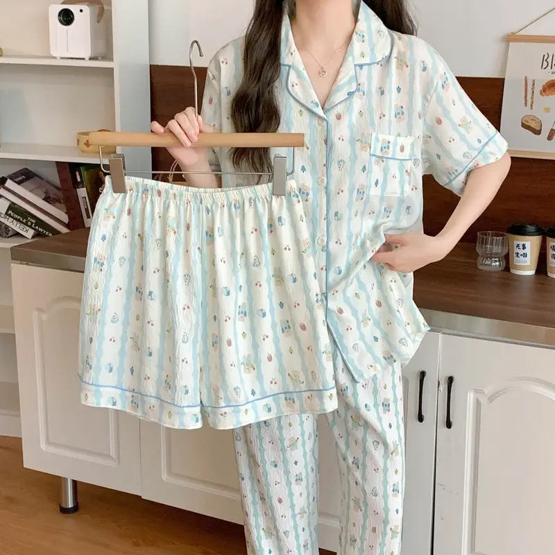 Large Size Pajamas with Breast Pads for Women, Spring and Summer, Lace, Fresh and Colorful, Small Polka Dots, Short-Sleeved Three-Piece Set, Ready for Cross-Border Shipping