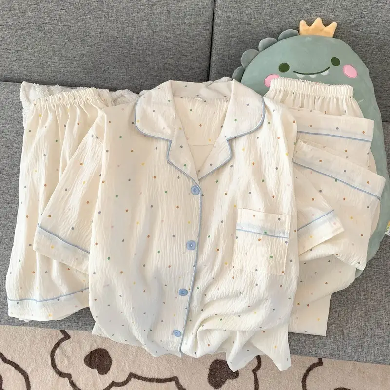 Large Size Pajamas with Breast Pads for Women, Spring and Summer, Lace, Fresh and Colorful, Small Polka Dots, Short-Sleeved Three-Piece Set, Ready for Cross-Border Shipping