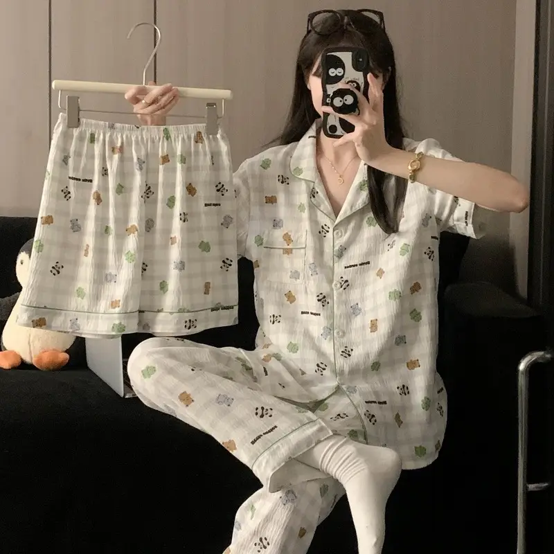 Large Size Pajamas with Breast Pads for Women, Spring and Summer, Lace, Fresh and Colorful, Small Polka Dots, Short-Sleeved Three-Piece Set, Ready for Cross-Border Shipping
