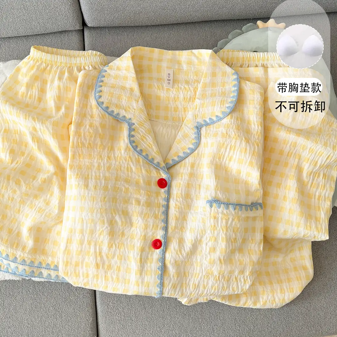 Large Size Pajamas with Breast Pads for Women, Spring and Summer, Lace, Fresh and Colorful, Small Polka Dots, Short-Sleeved Three-Piece Set, Ready for Cross-Border Shipping