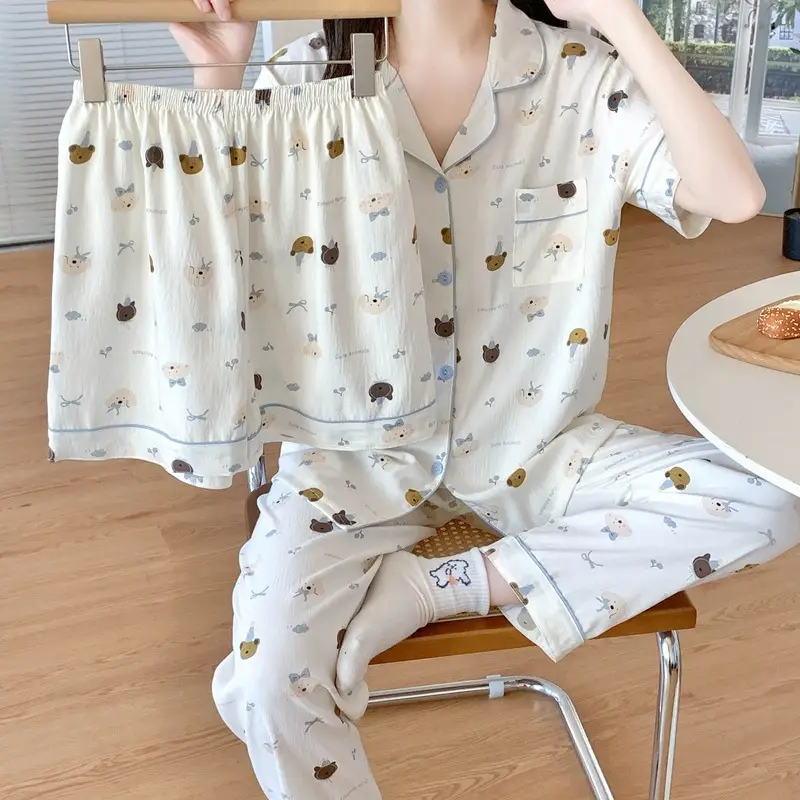 Large Size Pajamas with Breast Pads for Women, Spring and Summer, Lace, Fresh and Colorful, Small Polka Dots, Short-Sleeved Three-Piece Set, Ready for Cross-Border Shipping