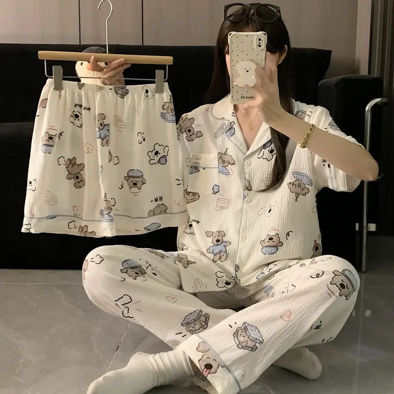 Large Size Pajamas with Breast Pads for Women, Spring and Summer, Lace, Fresh and Colorful, Small Polka Dots, Short-Sleeved Three-Piece Set, Ready for Cross-Border Shipping