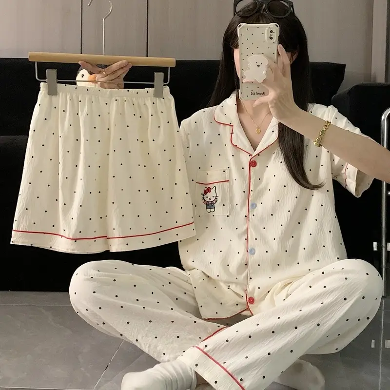 Large Size Pajamas with Breast Pads for Women, Spring and Summer, Lace, Fresh and Colorful, Small Polka Dots, Short-Sleeved Three-Piece Set, Ready for Cross-Border Shipping