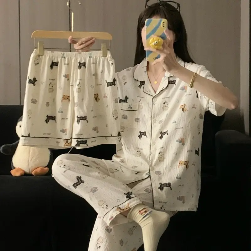 Large Size Pajamas with Breast Pads for Women, Spring and Summer, Lace, Fresh and Colorful, Small Polka Dots, Short-Sleeved Three-Piece Set, Ready for Cross-Border Shipping