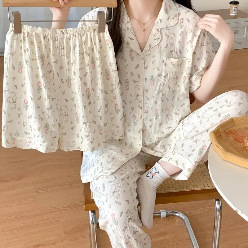 Large Size Pajamas with Breast Pads for Women, Spring and Summer, Lace, Fresh and Colorful, Small Polka Dots, Short-Sleeved Three-Piece Set, Ready for Cross-Border Shipping