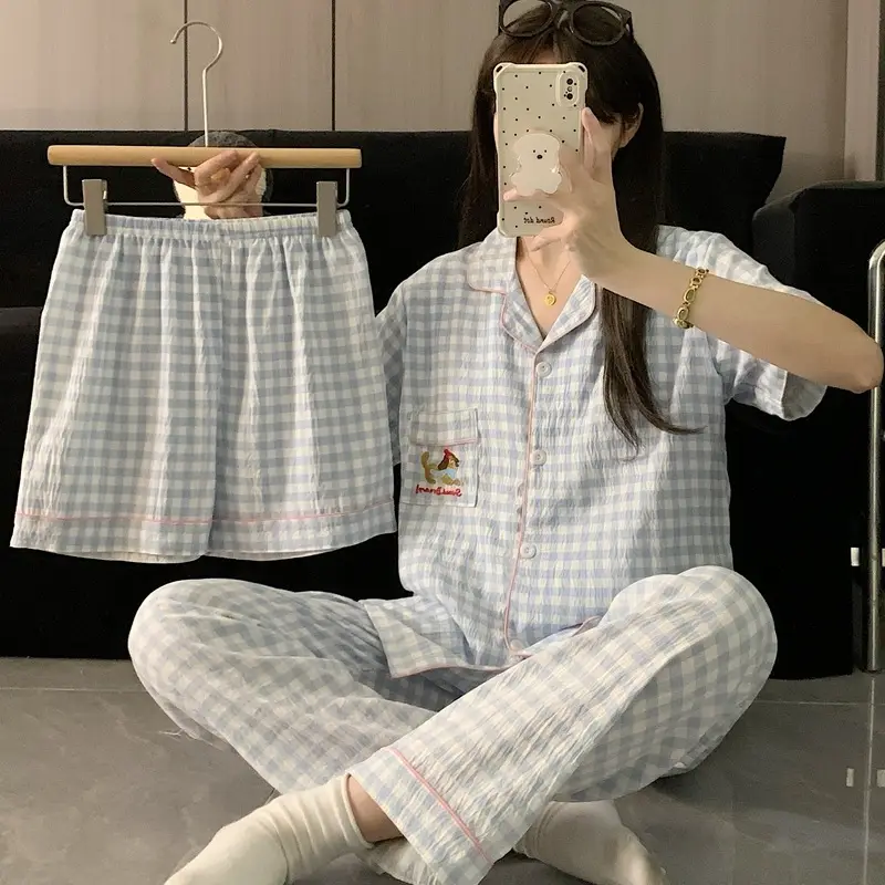 Large Size Pajamas with Breast Pads for Women, Spring and Summer, Lace, Fresh and Colorful, Small Polka Dots, Short-Sleeved Three-Piece Set, Ready for Cross-Border Shipping