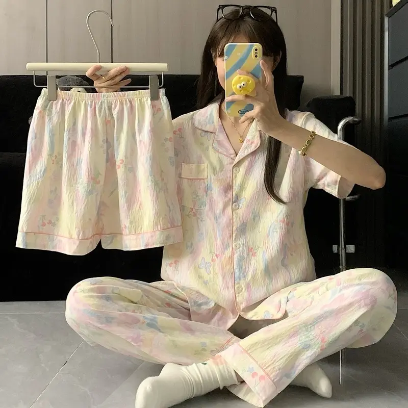 Large Size Pajamas with Breast Pads for Women, Spring and Summer, Lace, Fresh and Colorful, Small Polka Dots, Short-Sleeved Three-Piece Set, Ready for Cross-Border Shipping