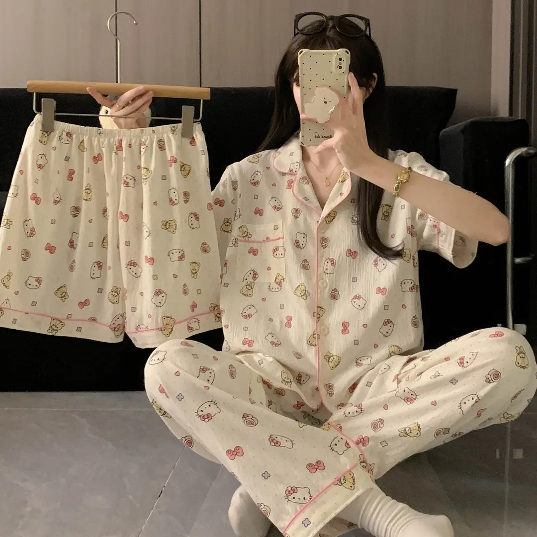 Large Size Pajamas with Breast Pads for Women, Spring and Summer, Lace, Fresh and Colorful, Small Polka Dots, Short-Sleeved Three-Piece Set, Ready for Cross-Border Shipping