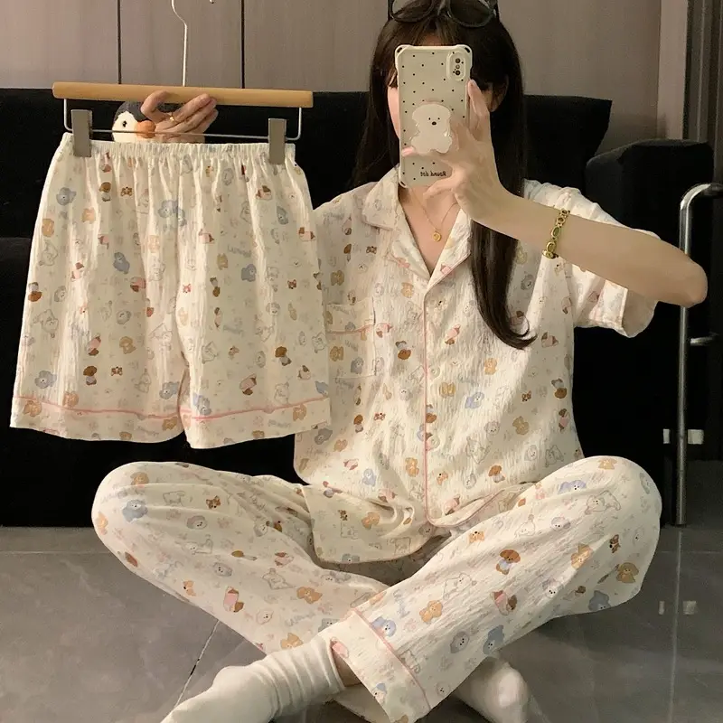 Large Size Pajamas with Breast Pads for Women, Spring and Summer, Lace, Fresh and Colorful, Small Polka Dots, Short-Sleeved Three-Piece Set, Ready for Cross-Border Shipping