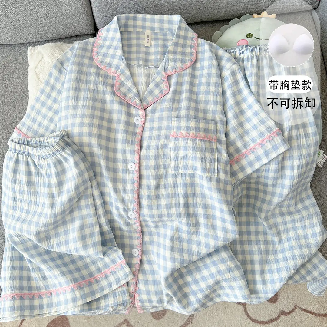 Large Size Pajamas with Breast Pads for Women, Spring and Summer, Lace, Fresh and Colorful, Small Polka Dots, Short-Sleeved Three-Piece Set, Ready for Cross-Border Shipping