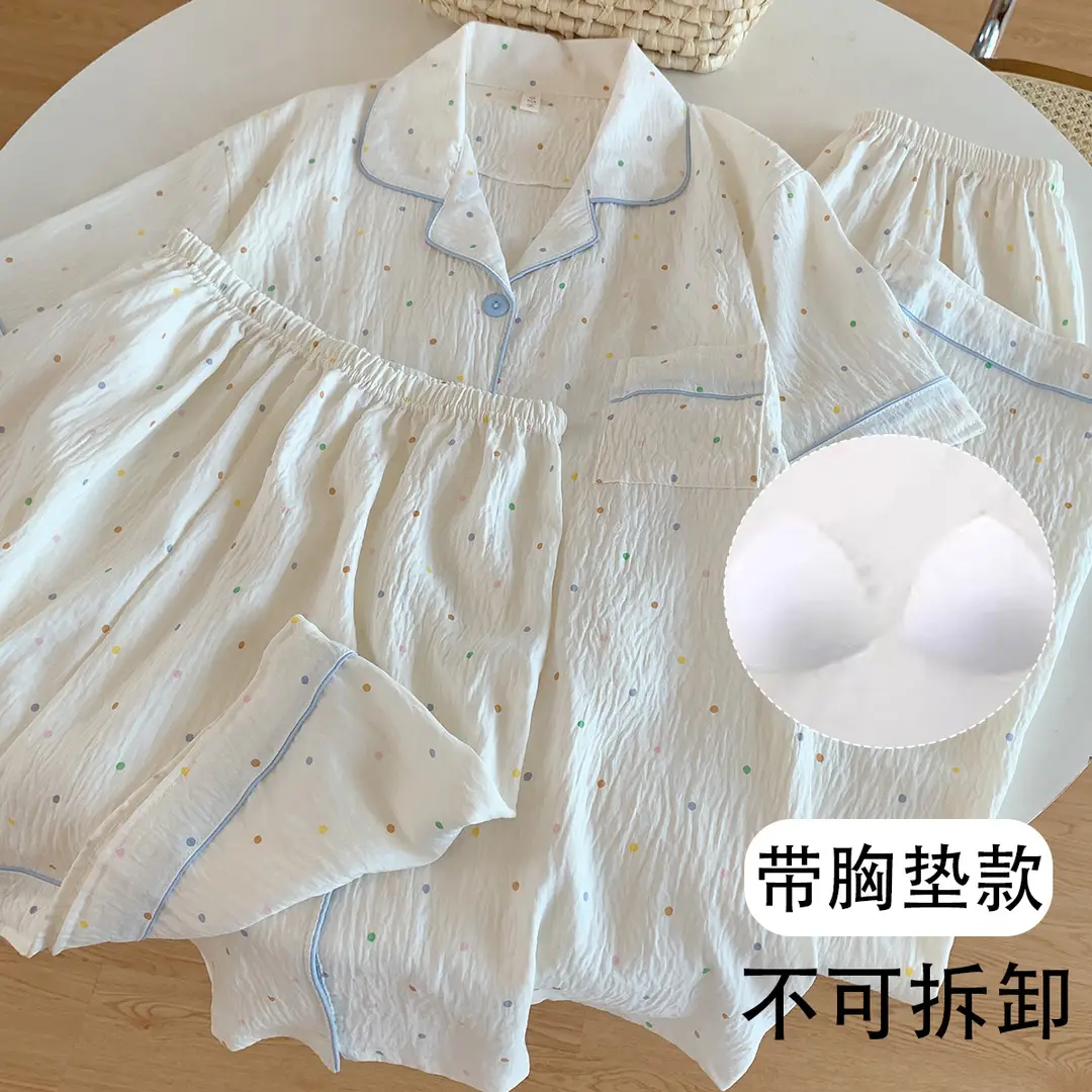 Large Size Pajamas with Breast Pads for Women, Spring and Summer, Lace, Fresh and Colorful, Small Polka Dots, Short-Sleeved Three-Piece Set, Ready for Cross-Border Shipping
