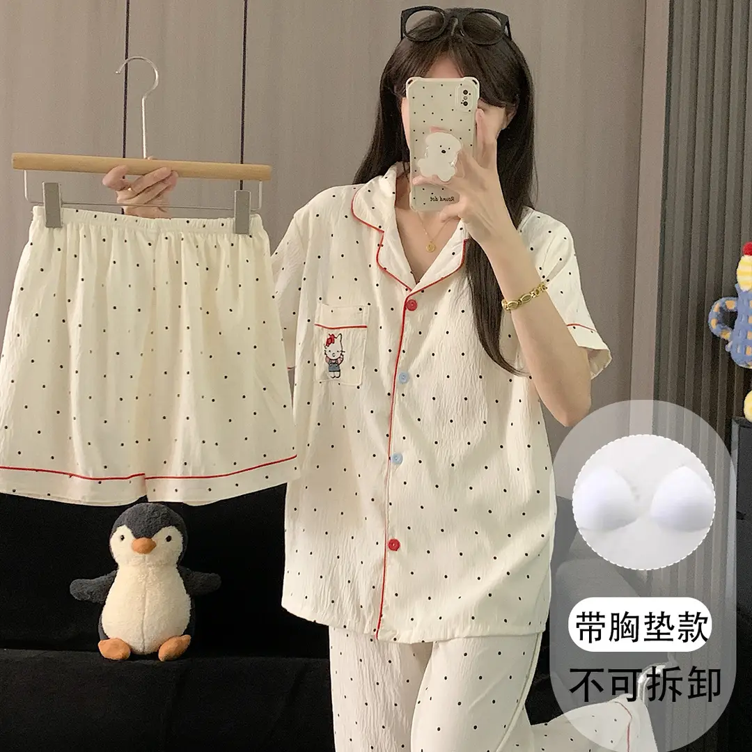 Large Size Pajamas with Breast Pads for Women, Spring and Summer, Lace, Fresh and Colorful, Small Polka Dots, Short-Sleeved Three-Piece Set, Ready for Cross-Border Shipping