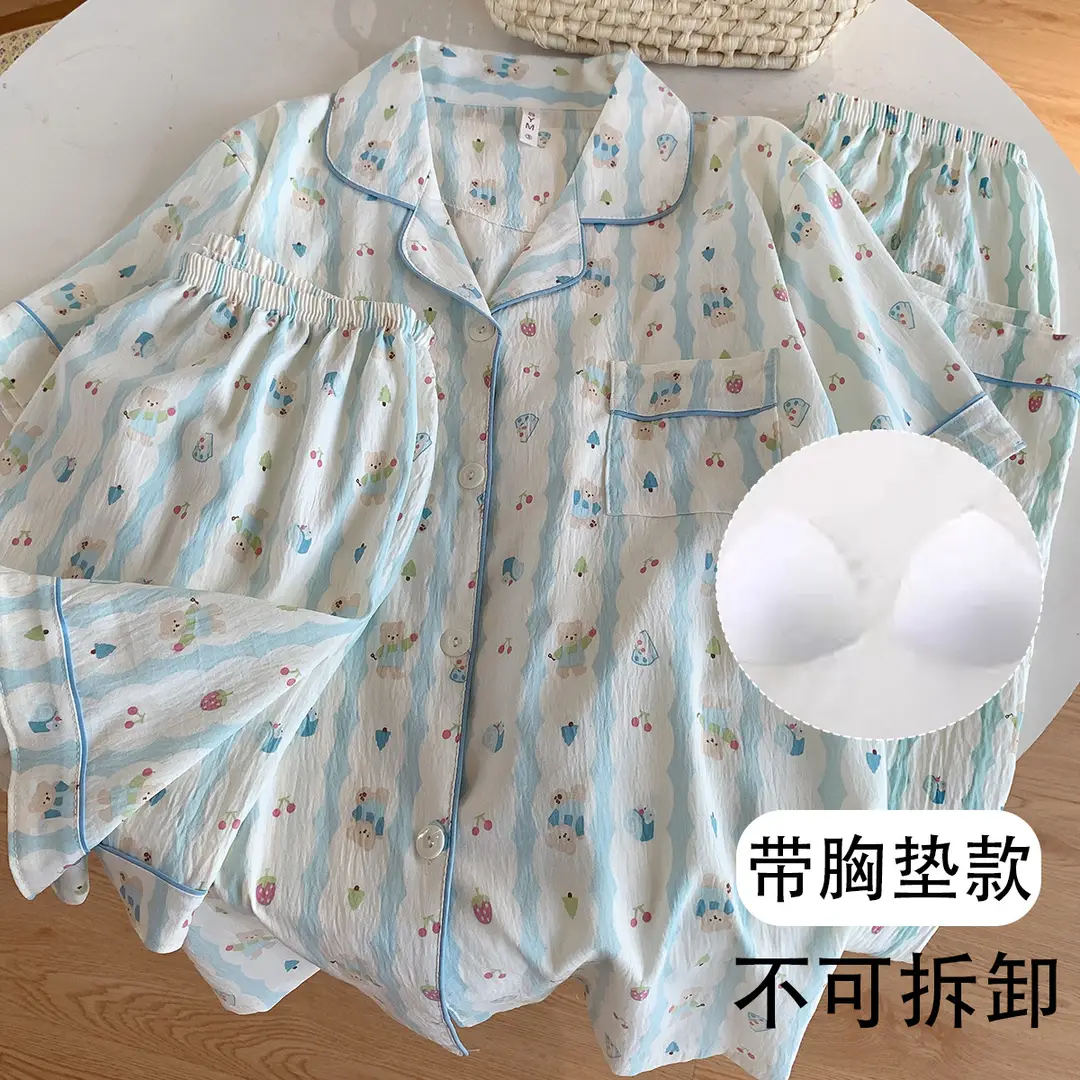 Large Size Pajamas with Breast Pads for Women, Spring and Summer, Lace, Fresh and Colorful, Small Polka Dots, Short-Sleeved Three-Piece Set, Ready for Cross-Border Shipping