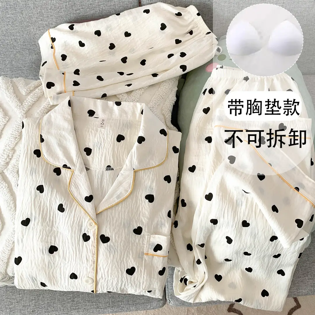Large Size Pajamas with Breast Pads for Women, Spring and Summer, Lace, Fresh and Colorful, Small Polka Dots, Short-Sleeved Three-Piece Set, Ready for Cross-Border Shipping