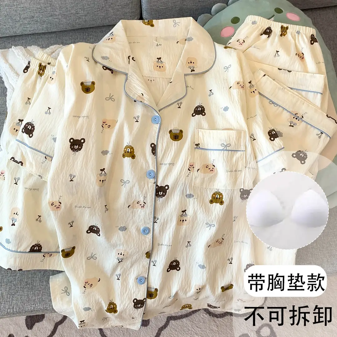Large Size Pajamas with Breast Pads for Women, Spring and Summer, Lace, Fresh and Colorful, Small Polka Dots, Short-Sleeved Three-Piece Set, Ready for Cross-Border Shipping