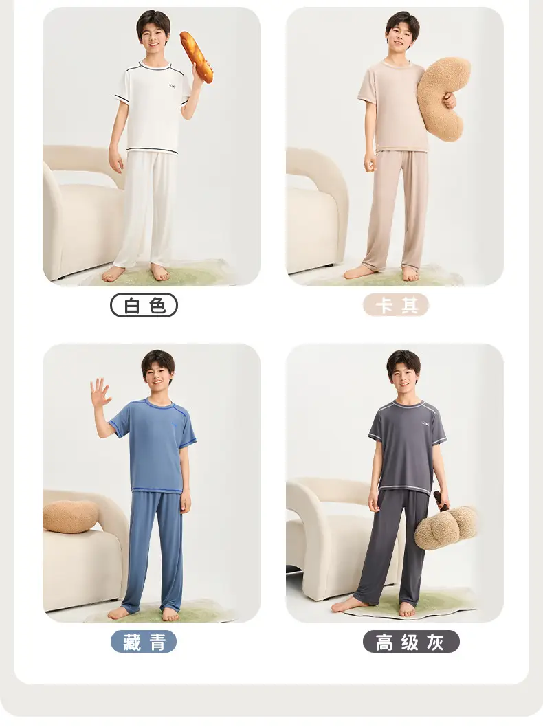 Mole Children's Pajamas for Boys, Summer New Boys' Home Wear, Big Kids, Girls, Teenagers, Ice Silk, Air Conditioning Thin — feature 24