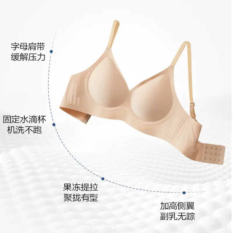 Seamless Bra with No Underwire, Jelly-Like Soft Support, Side Breast Gathering, Fixed Cups, Ultra-Soft and Thin Bra