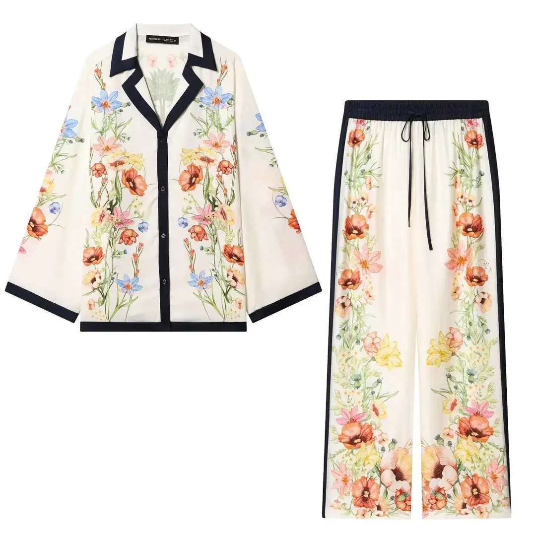 Kaopu Za Summer New European and American Cross-Border Women's Clothing Wholesale Hot-Selling Silk Satin Printed Long-Sleeve Shirt and Pants — feature 5
