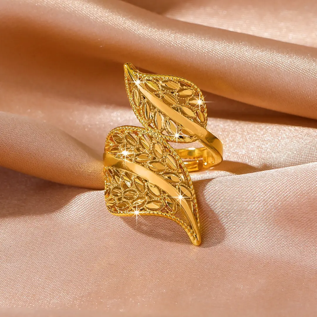 Cross-Border European and American Style Double-Leaf Design Gold-Plated Adjustable Open Ring, Imitation Gold Leaf Ring Jewelry Wholesale