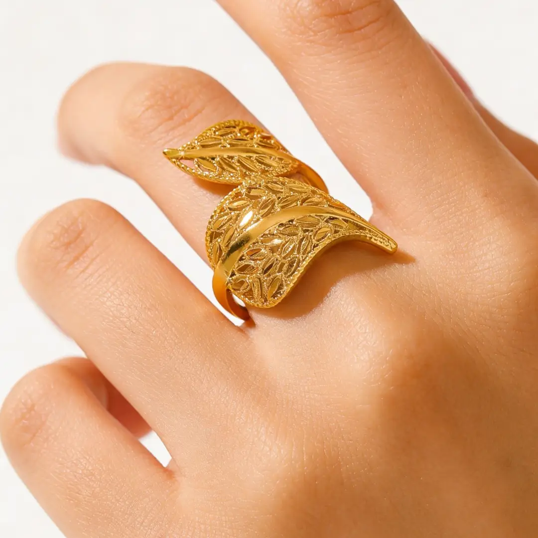 Cross-Border European and American Style Double-Leaf Design Gold-Plated Adjustable Open Ring, Imitation Gold Leaf Ring Jewelry Wholesale