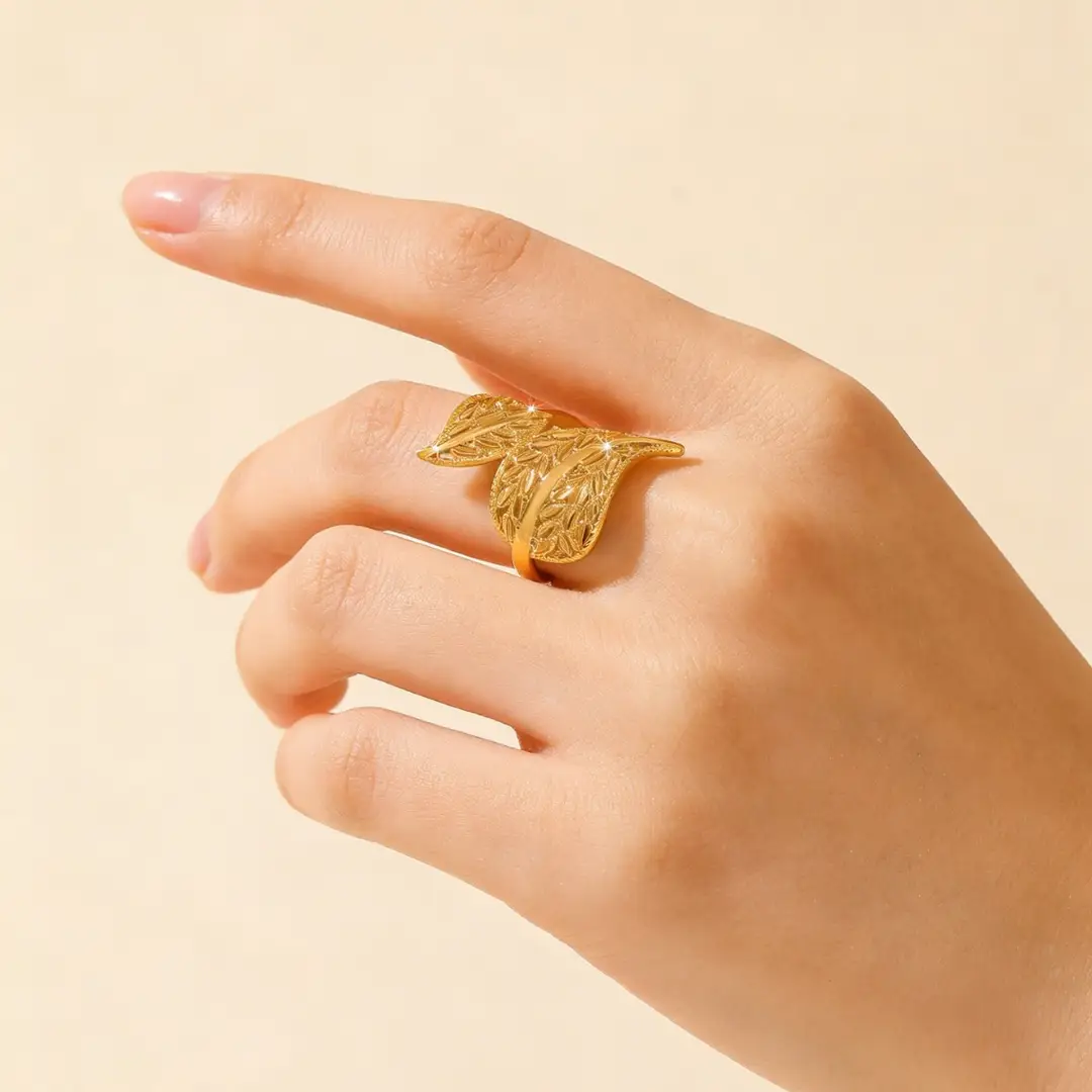 Cross-Border European and American Style Double-Leaf Design Gold-Plated Adjustable Open Ring, Imitation Gold Leaf Ring Jewelry Wholesale