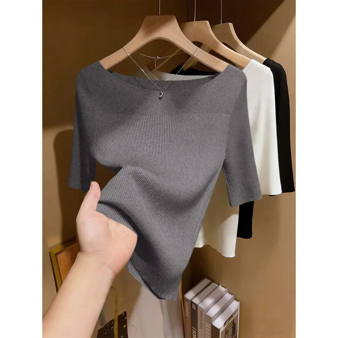 French-Style Light-Colored Off-The-Shoulder Slim-Fit Knit Top for Women, Spring and Summer, Half-Sleeve, Gentle Style, Base Shirt
