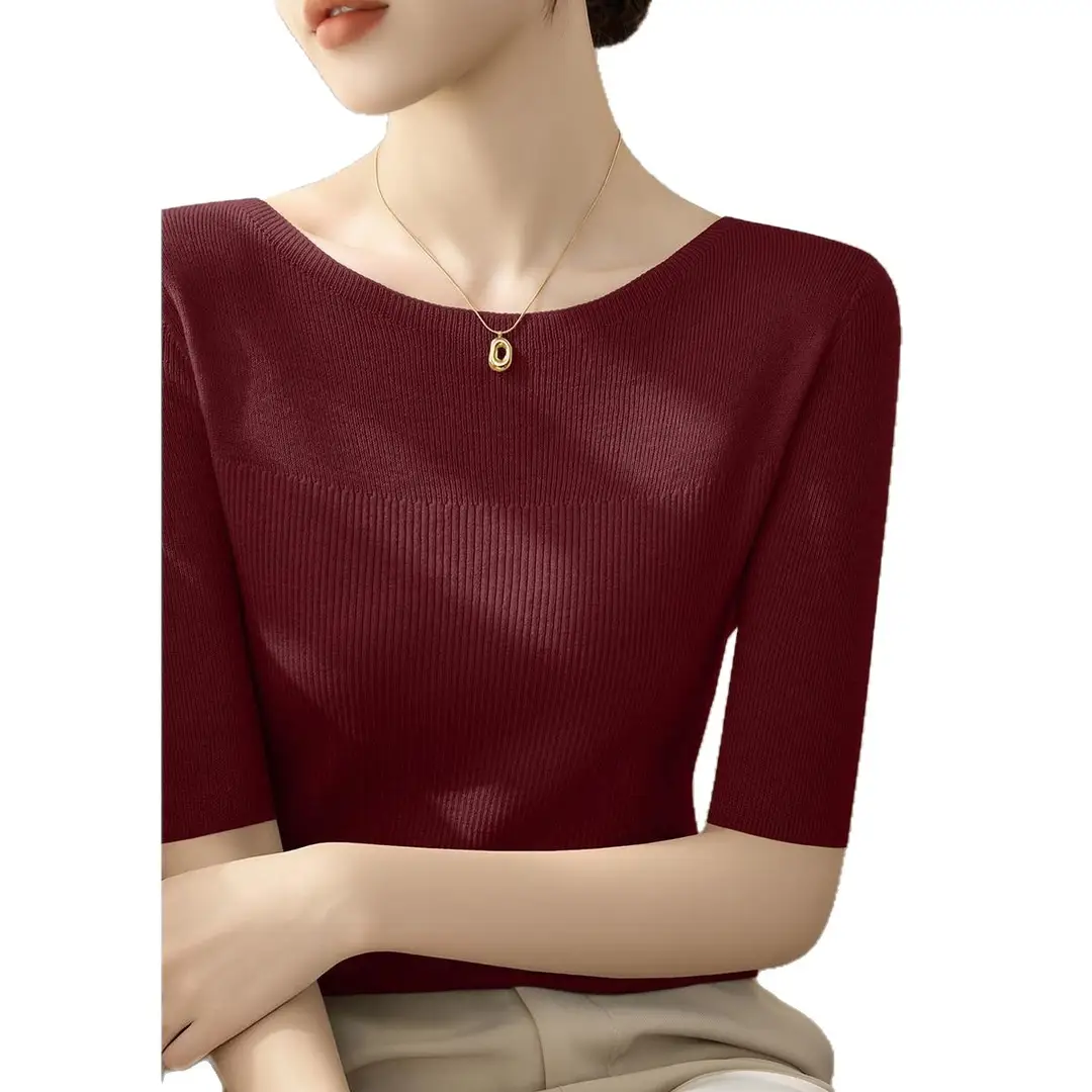 French-Style Light-Colored Off-The-Shoulder Slim-Fit Knit Top for Women, Spring and Summer, Half-Sleeve, Gentle Style, Base Shirt