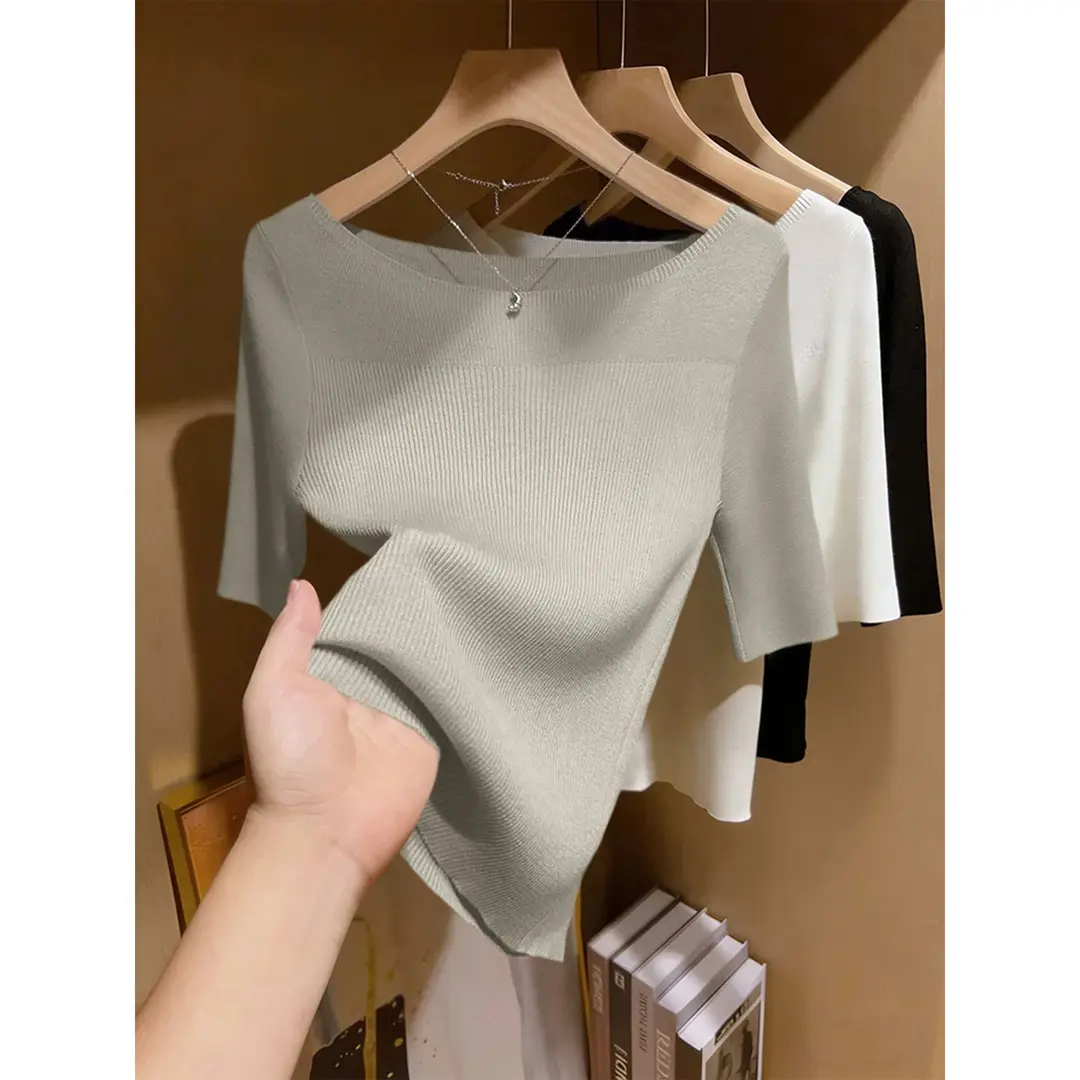 French-Style Light-Colored Off-The-Shoulder Slim-Fit Knit Top for Women, Spring and Summer, Half-Sleeve, Gentle Style, Base Shirt — feature 1