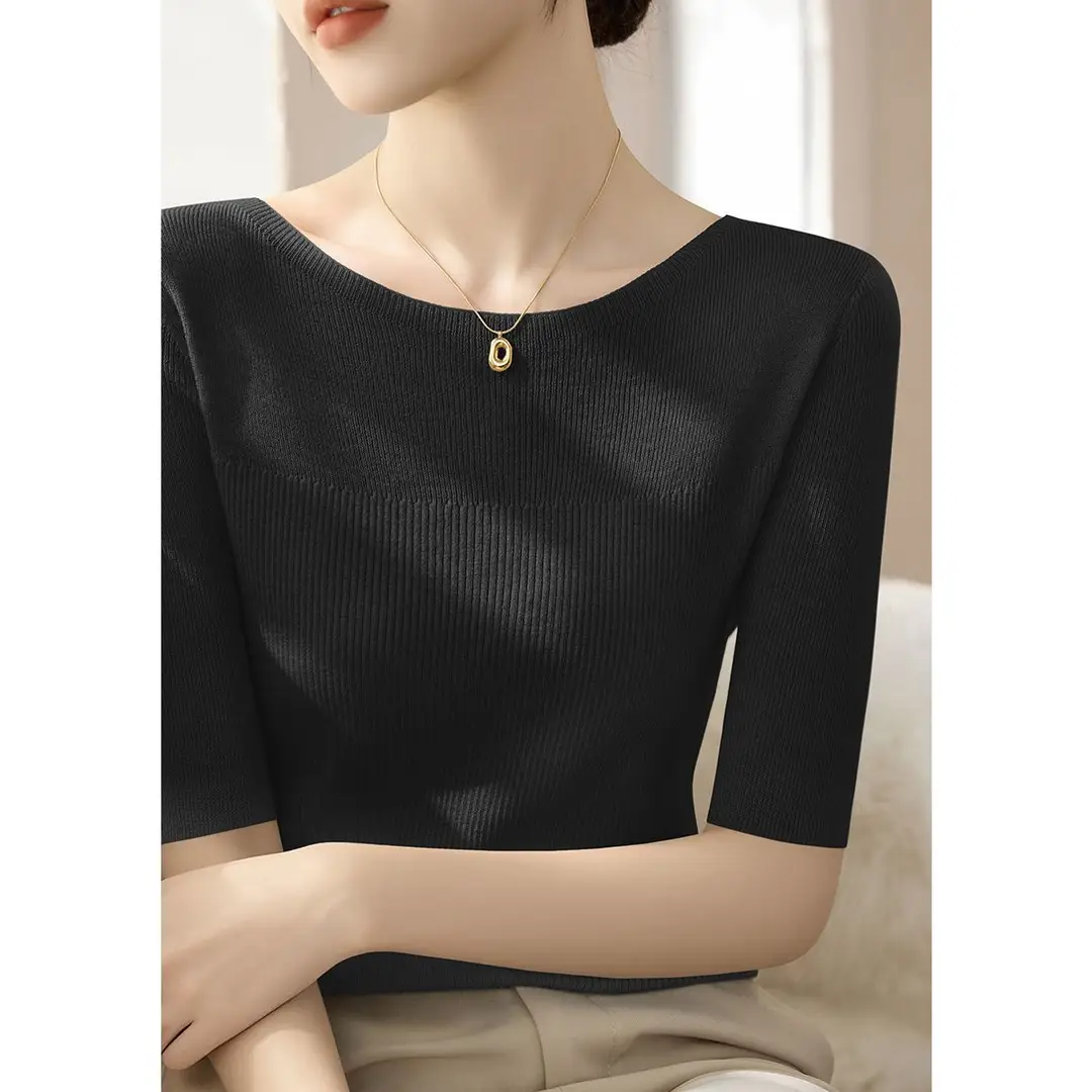 French-Style Light-Colored Off-The-Shoulder Slim-Fit Knit Top for Women, Spring and Summer, Half-Sleeve, Gentle Style, Base Shirt