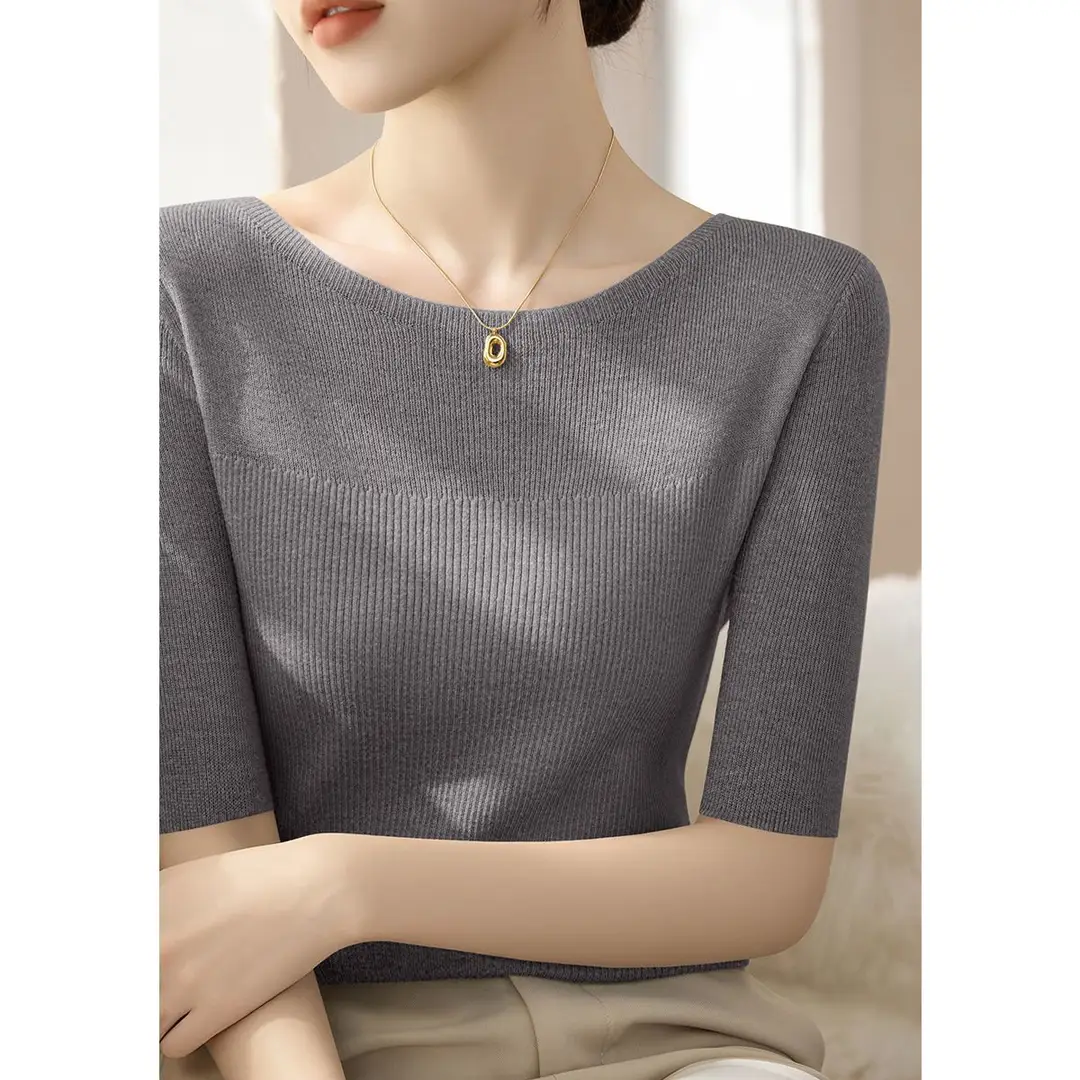 French-Style Light-Colored Off-The-Shoulder Slim-Fit Knit Top for Women, Spring and Summer, Half-Sleeve, Gentle Style, Base Shirt