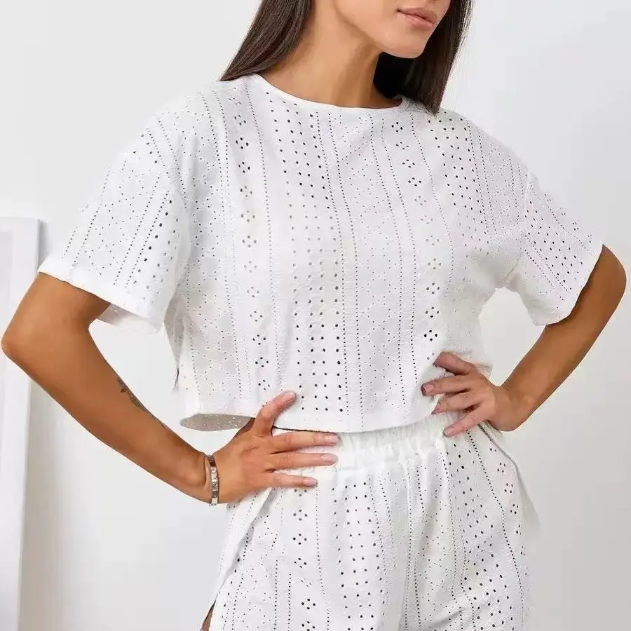 European and American Cross-Border Comfortable Loose-Fitting White Short-Sleeved Shorts Pajamas Two-Piece Set Home Wear Women's Home Clothes That Can Be Worn Outside in Summer