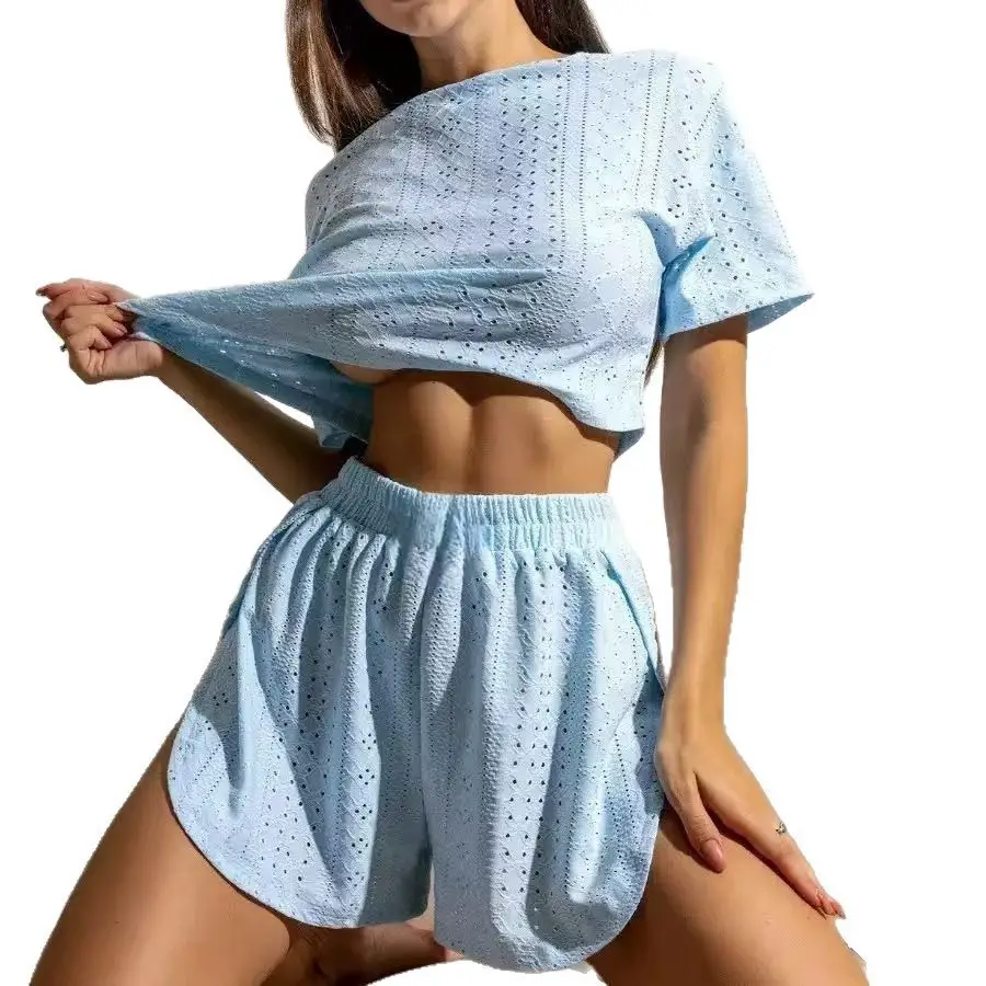 European and American Cross-Border Comfortable Loose-Fitting White Short-Sleeved Shorts Pajamas Two-Piece Set Home Wear Women's Home Clothes That Can Be Worn Outside in Summer
