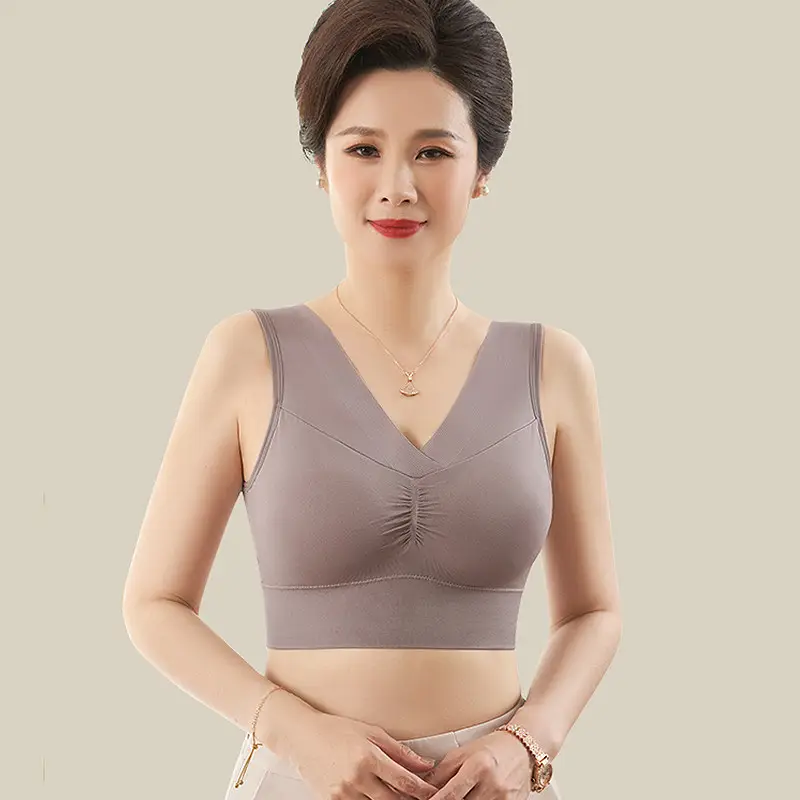 Middle-Aged and Elderly Women's Thin Vest-Style Sports Bra, Wireless, Seamless, Mom Bra, Large Bust Minimizing, Gathering Bra