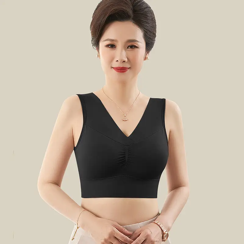 Middle-Aged and Elderly Women's Thin Vest-Style Sports Bra, Wireless, Seamless, Mom Bra, Large Bust Minimizing, Gathering Bra