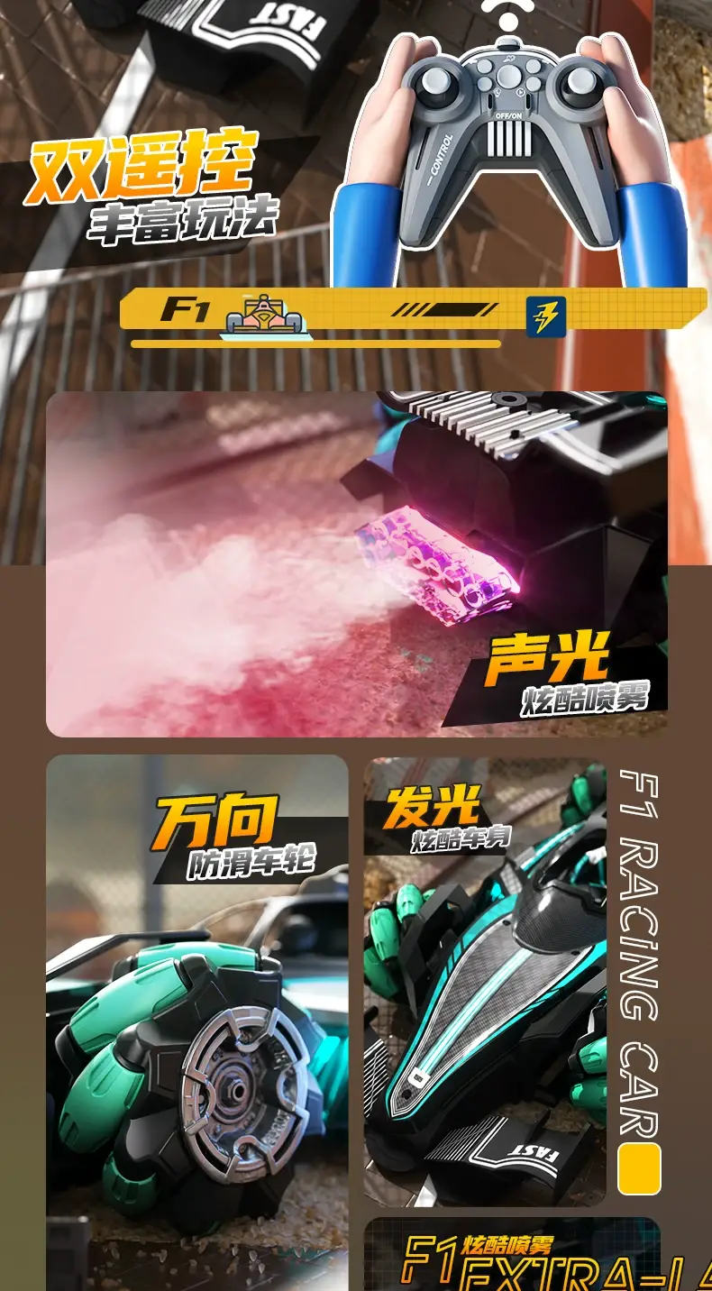 Children's Oversized F Formula Gesture-Sensing Remote Control Car with Spray Stunt Drifting Racing Four-Wheel Drive Toy for Boys — feature 2