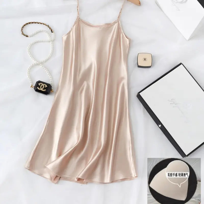 Carefully Selected All-In-One Ice Silk Camisole Nightgown with Built-In Chest Pads for Women, Summer Sexy Pure Desire Style Home Wear Silk Pajamas — feature 4